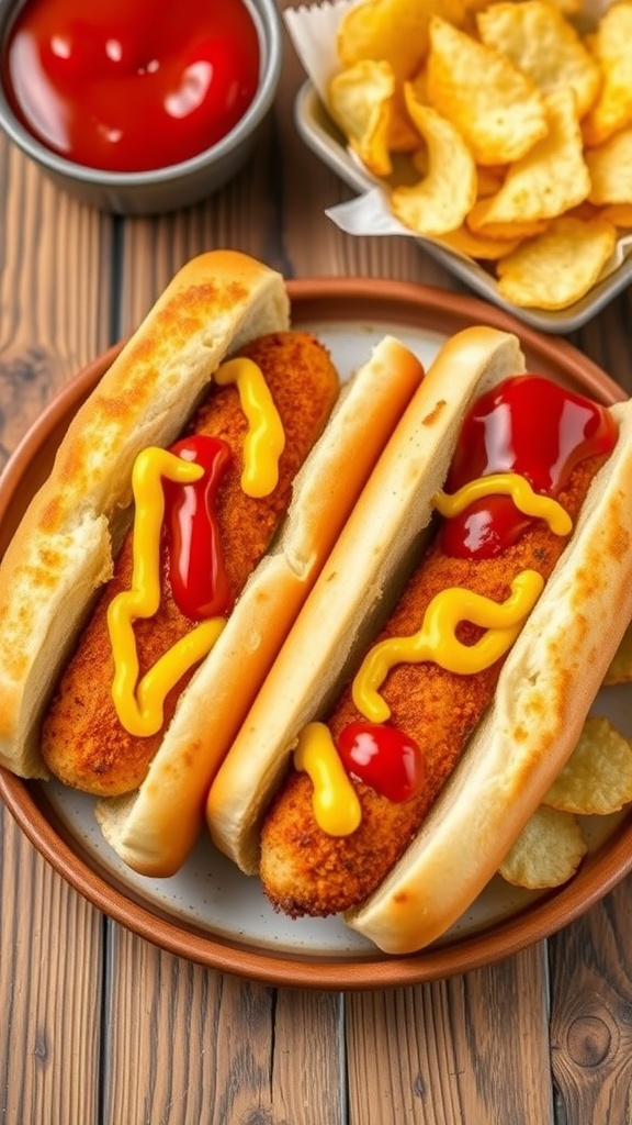 Crispy air fryer hot dogs in toasted buns with mustard and ketchup on a rustic wooden table.